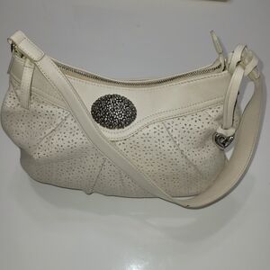 Brighton White Leather Laser Cut Floral Medallion Heart Charm Hobo Shoulder Bag